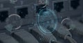 Image of circuit board pattern and padlocks in shield and icons, 5g text, back panel of router