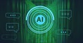 Image of circular ai scanner and chat bot message icons over glowing server room