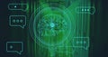 Image of circular ai scanner network and chat bot message icons over glowing server room