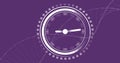Image of circular scanner with clock hands over dna on purple background