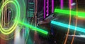 Image of circular scanner over futuristic car driving through neon city at night