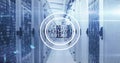 Image of circular scanner processing numeric data over server room