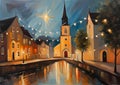 image of a city with a church and a church tower, fairy lights, oil on canvas, evening sun, connectedness, a quiet impression of