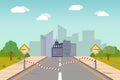 Image of a city open after quarantine. Color cartoon illustration of a cut ribbon at the entrance to the city and Royalty Free Stock Photo