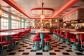 An image of a classic American diner showcasing its checkered floor and red stools, An old-fashioned diner serving burgers and Royalty Free Stock Photo