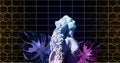 Image of classical statue and leaves glitching over grid lines on black background