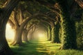 An image of a clear pathway surrounded by lush trees in the middle of a forest, Enchanted tree alley in a mystical park setting,
