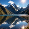 Clear sky in Milford sound, Fjordland national park, south island, New Zealand with a reflection of Mitre peak in the Royalty Free Stock Photo