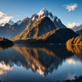 Clear sky in Milford sound, Fjordland national park, south island, New Zealand with a reflection of Mitre peak in the Royalty Free Stock Photo