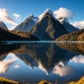 Clear sky in Milford sound, Fjordland national park, south island, New Zealand with a reflection of Mitre peak in the Royalty Free Stock Photo