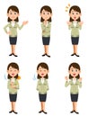 A clerical worker wearing a work clothes, 6 types of facial expressions and gestures