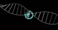 Image of clock moving over dna strand on black background