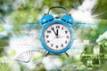 image of a clock with particles coming off it against a background of stylized DNA strands and chemical research tools Royalty Free Stock Photo