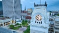 Clocktower at sunset sunrise aerial with green courtyard downtown Louisville KY