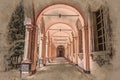 Image of the cloister arches inside a monastery.