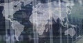 Image of close up of african american man, programming language and map against server room