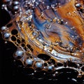 Close-up of an iridescent soap bubble adorned with droplets against a captivating black background, generative ai