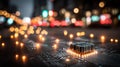The image is a close-up of a computer motherboard, highlighting a glowing CPU microchip and the intricate pathways that facilitate Royalty Free Stock Photo