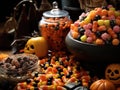 Image of close up of lots of Halloween snacks and candy