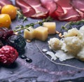 Image of close up of plate of cold foods with meat and cheese on grey background