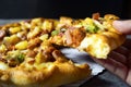 An image close-up selected focus pizza cheese is food the favorite deliciou mix vegetable is fast food for deliver menu