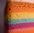 Image of close up of slice of rainbow cake with multi coloured layers Royalty Free Stock Photo