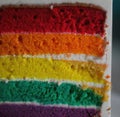 Image of close up of slice of rainbow cake with multi coloured layers Royalty Free Stock Photo
