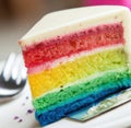 Image of close up of slice of rainbow cake with multi coloured layers on plate