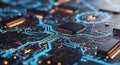 Close-up of Glowing Blue Circuit Board with Orange Lights and Microchips electronics technology Royalty Free Stock Photo