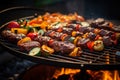 Image Closeup BBQ scene delicious grilled meat, veggies on the grill