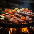 Image Closeup BBQ scene delicious grilled meat, veggies on the grill