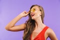 Image closeup of fashion brunette woman 20s wearing red dress an Royalty Free Stock Photo