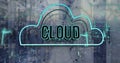Image of cloud text in cloud and computer language over data server room Royalty Free Stock Photo