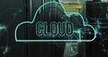 Image of cloud text and icons over computer servers Royalty Free Stock Photo