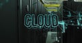Image of cloud text and icons over computer servers Royalty Free Stock Photo