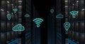 Image of cloud and wifi icons, data processing over computer servers Royalty Free Stock Photo