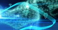 Image of cloud and wifi icons over green mesh waving