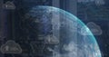 Image of clouds with changing numbers, arrows and globe over back panel of server rack Royalty Free Stock Photo