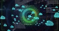 Image of clouds, circles, computer language, letters, texts, numbers, electronic equipment