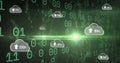 Image of clouds with uploading over binary code on green background