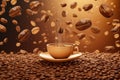 Image of coffee beans floating in mid-air. The coffee beans are shown in a variety of shapes and sizes, creating an otherworldly