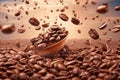 Image of coffee beans floating in mid-air. The coffee beans are shown in a variety of shapes and sizes, creating an otherworldly