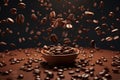 Image of coffee beans floating in mid-air. The coffee beans are shown in a variety of shapes and sizes, creating an otherworldly