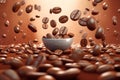 Image of coffee beans floating in mid-air. The coffee beans are shown in a variety of shapes and sizes, creating an otherworldly