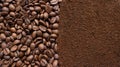 Image of coffee beans and ground instant coffee. Background of coffee beans and coffee powder Royalty Free Stock Photo