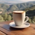 A coffee cup on a wooden table with Latte Art overlooking a valley with trees in Italy