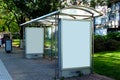 Image collage of bus shelter at a bus stop of glass and aluminum frame