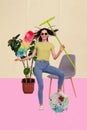 Image collage sketch of cheerful positive cool girl cleaning home room on painted background