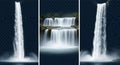 Collage of three dynamic waterfalls with white cascading water against a dark, transparent background Royalty Free Stock Photo