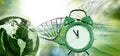image of a collapsing clock from which particles come off against the background of stylized DNA chains and the planet Earth Royalty Free Stock Photo